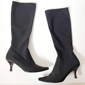 Vintage Black Stretch Knee High Low Heel Boots Pointed Toe Size 9.5 Office Siren